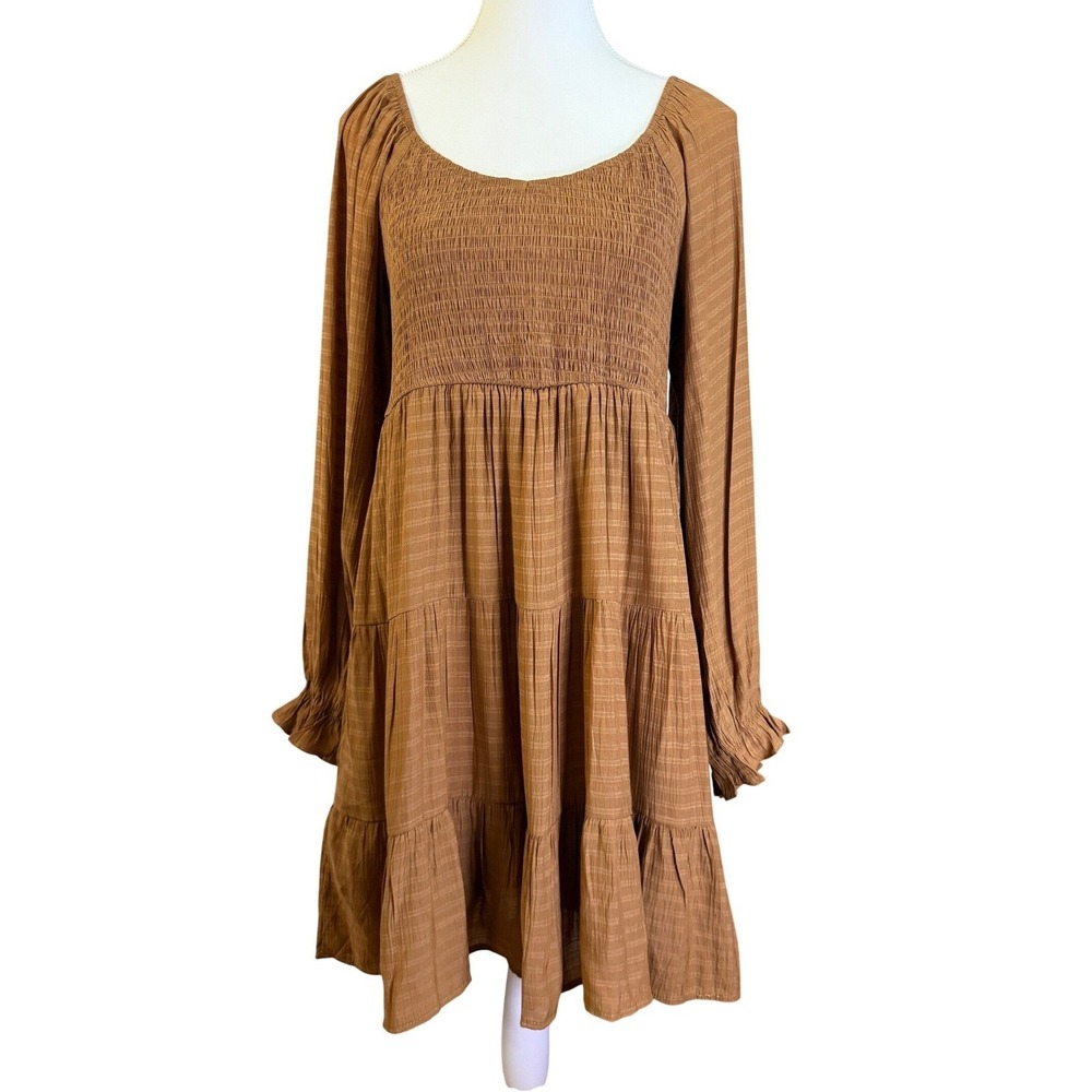 Andree by Unit Mini dress Women L Brown Smocked Tiered Cottagecore peasant fall